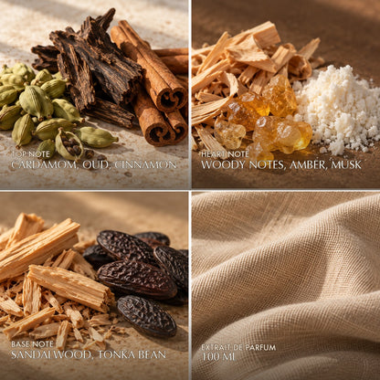 Fragrance notes for Anfar London Azule Elite: cardamom, oud, cinnamon top, woody notes, amber, musk heart, sandalwood, tonka bean base