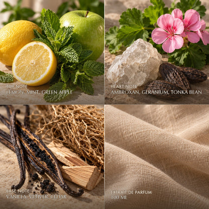 Fragrance notes for Anfar London Azure Spirit: lemon, mint, green apple top, ambroxan, geranium, tonka bean heart, vanilla, vetiver, cedar base