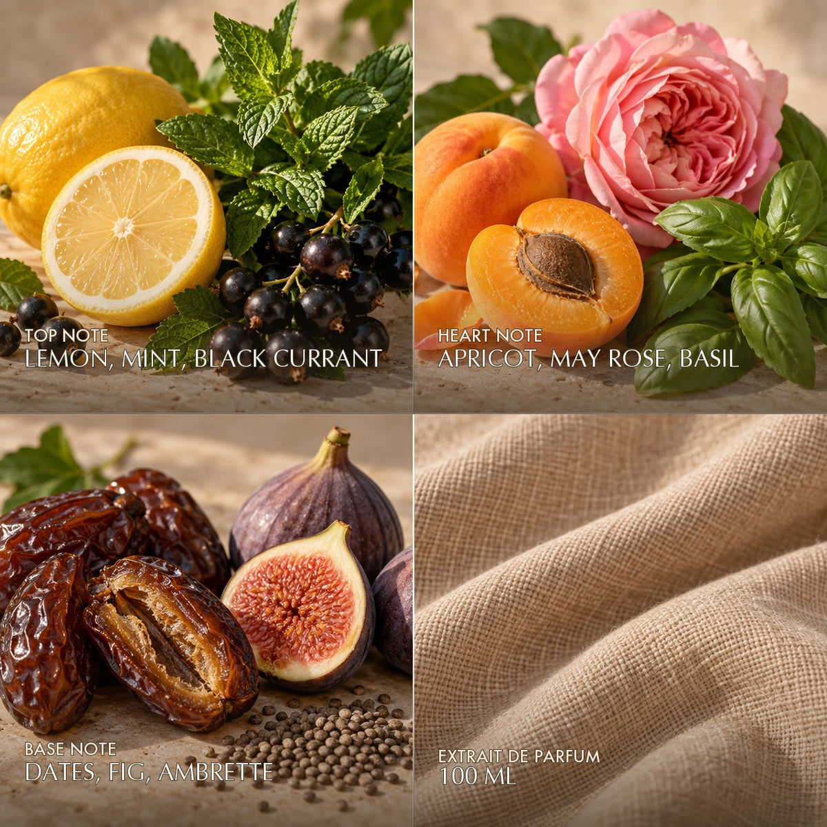 Fragrance notes for Anfar London Bateig Azul: lemon, mint, black currant top, apricot, may rose, basil heart, dates, fig, ambrette base