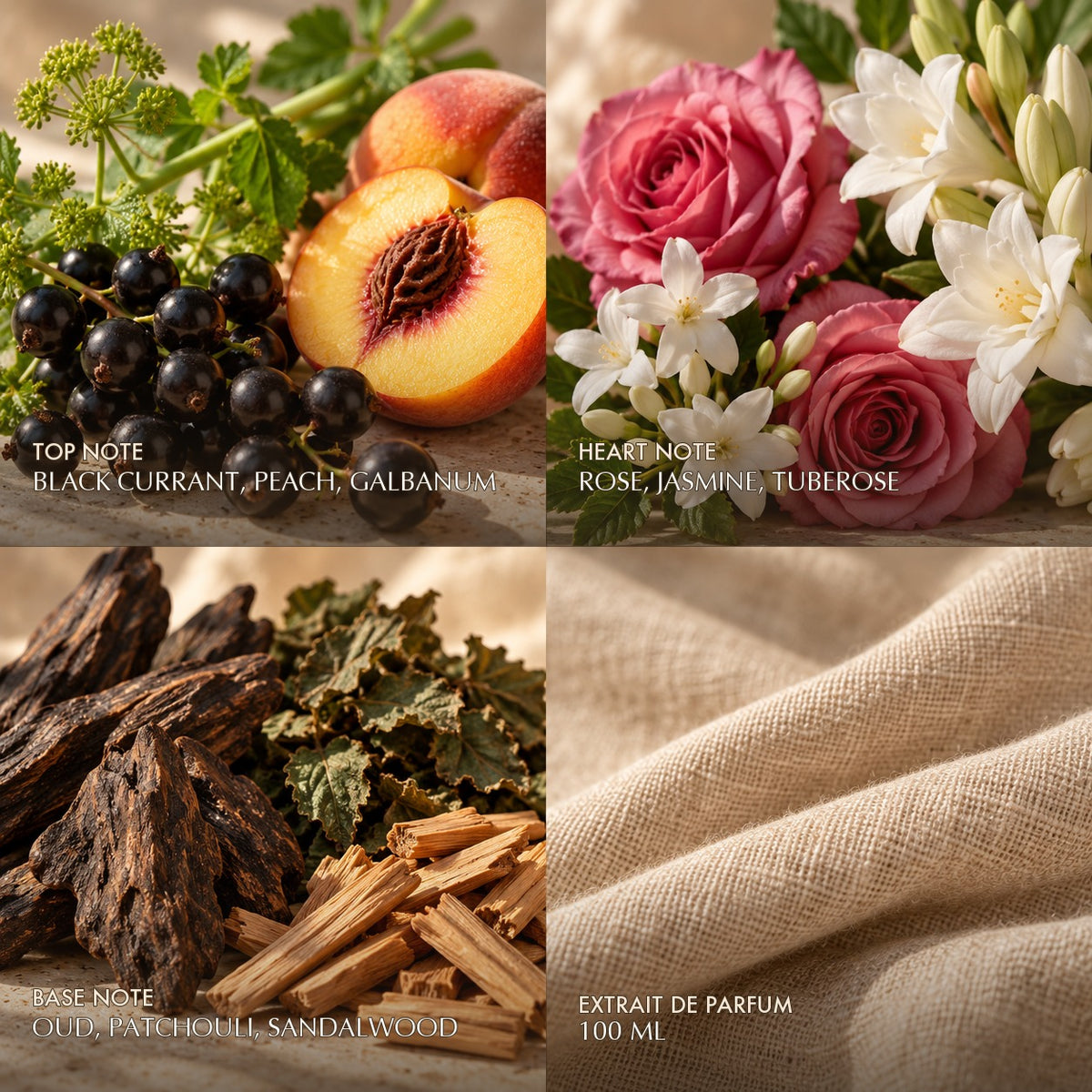 Fragrance notes for Anfar London Bruno Imperial: black currant, peach, galbanum top, rose, jasmine, tuberose heart, oud, patchouli, sandalwood base