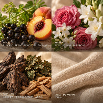 Fragrance notes for Anfar London Bruno Imperial: black currant, peach, galbanum top, rose, jasmine, tuberose heart, oud, patchouli, sandalwood base