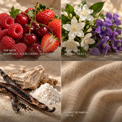 Fragrance notes for Anfar London Cameo Rosie: raspberry, sour cherry, strawberry top, jasmine, violet heart, cashmeran, vanilla, musk base