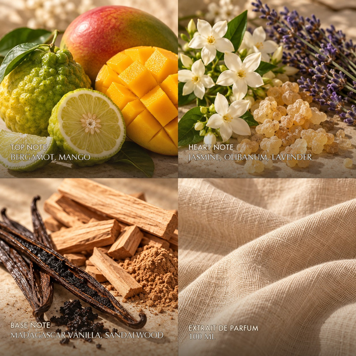 Fragrance notes for Anfar London Date Nights Femme: bergamot, mango top, jasmine, olibanum, lavender heart, madagascar vanilla, sandalwood base