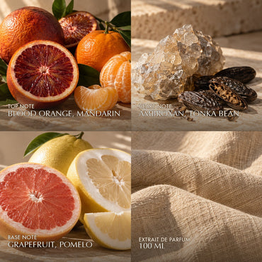 Fragrance notes for Anfar London Date Nights Pour Homme: blood orange, mandarin top, ambroxan, tonka bean heart, grapefruit, pomelo base
