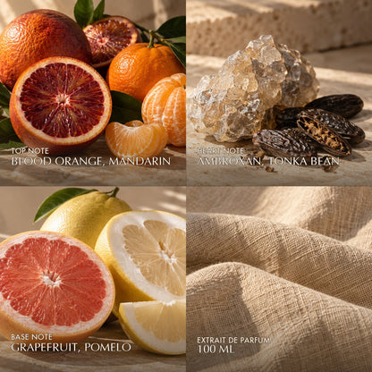 Fragrance notes for Anfar London Date Nights Pour Homme: blood orange, mandarin top, ambroxan, tonka bean heart, grapefruit, pomelo base