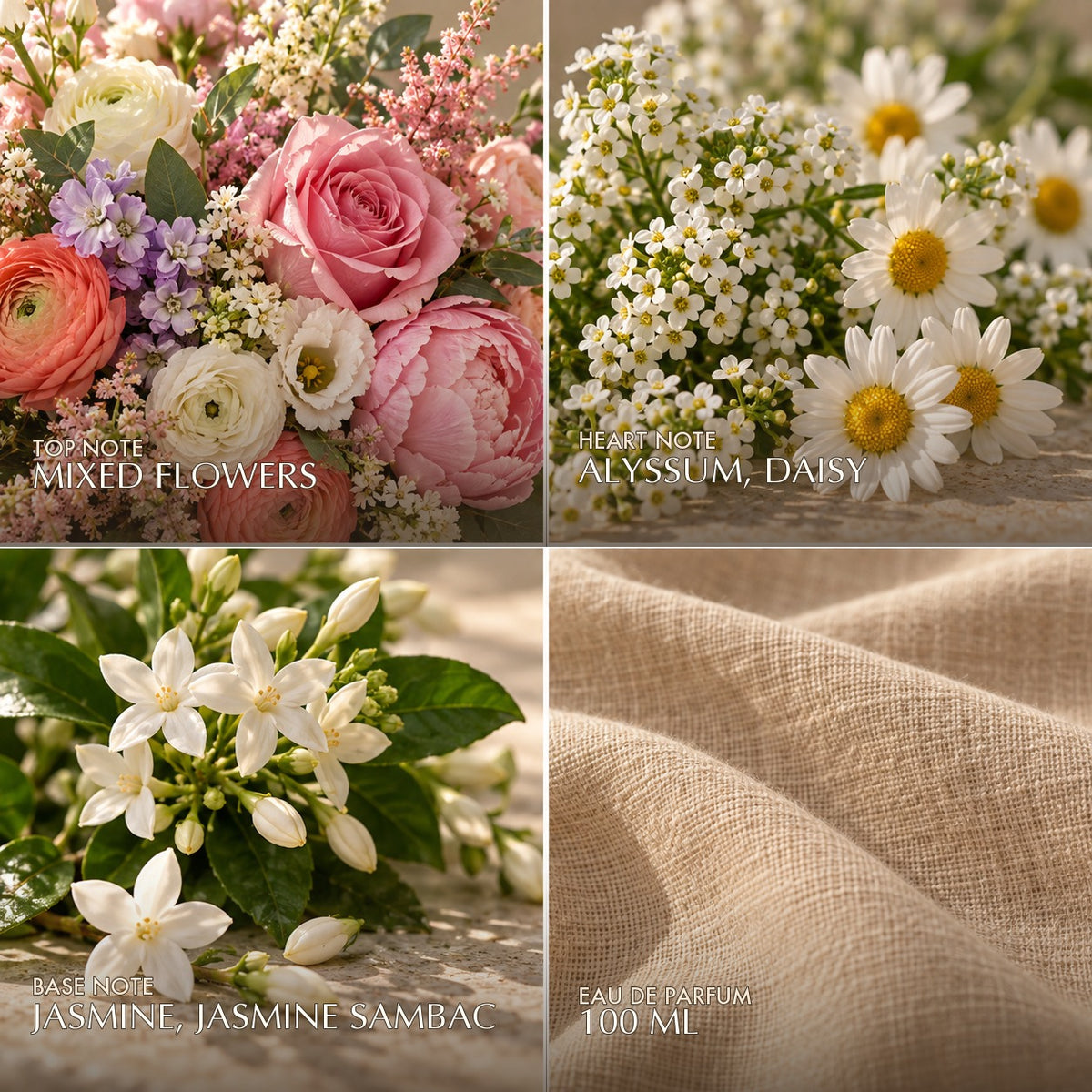 Fragrance notes for Anfar London Floral Bloom: mixed flowers top, alyssum and daisy heart, jasmine and jasmine sambac base