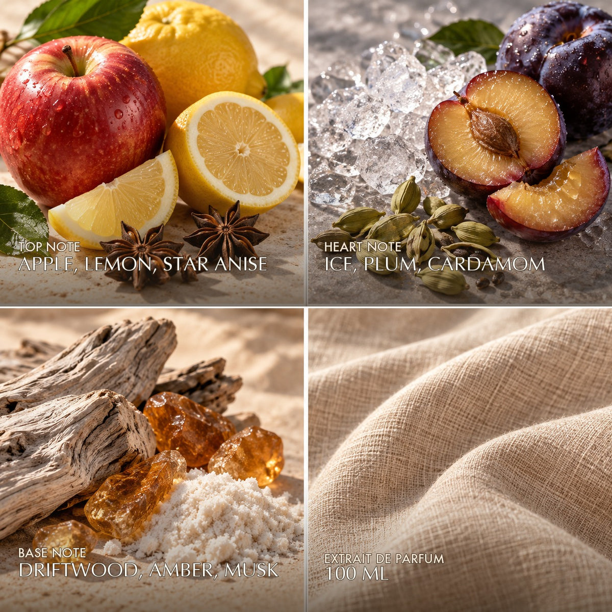 Fragrance notes for Anfar London Midnight Frost Intense: apple, lemon, star anise top, ice, plum, cardamom heart, driftwood, amber, musk base