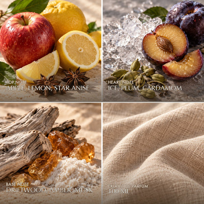 Fragrance notes for Anfar London Midnight Frost Intense: apple, lemon, star anise top, ice, plum, cardamom heart, driftwood, amber, musk base