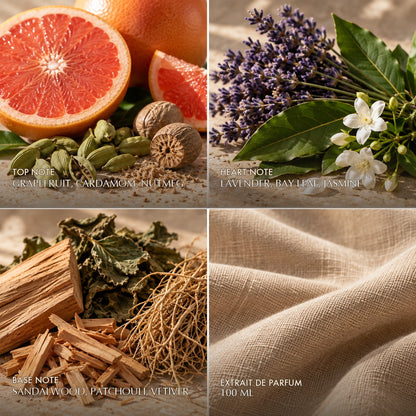 Fragrance notes for Anfar London Midnight Homme Intense: grapefruit, cardamom and nutmeg top, lavender, bay leaf and jasmine heart, sandalwood, patchouli and vetiver base