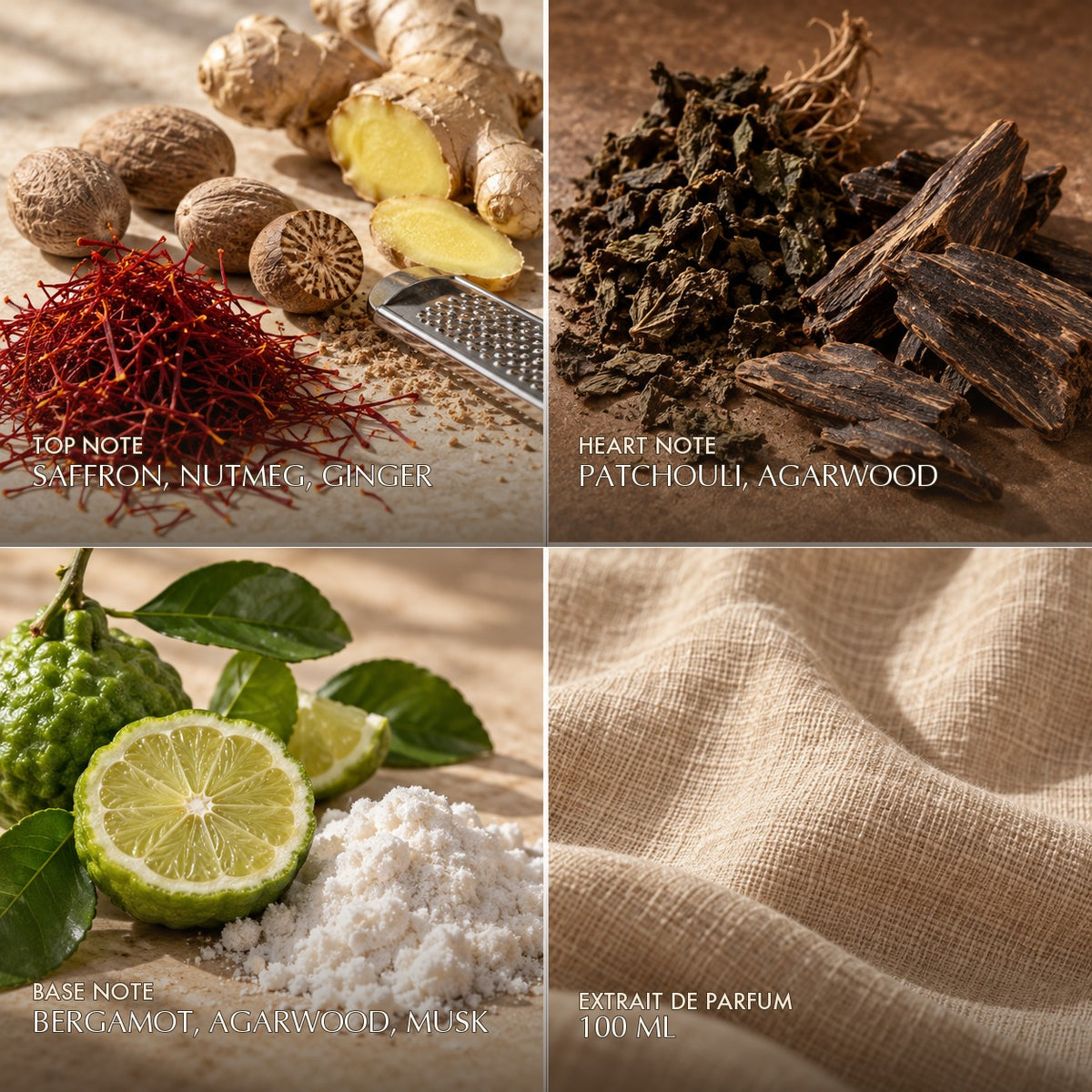 Fragrance notes for Anfar London Retro Wood: saffron, nutmeg, ginger top, patchouli, agarwood heart, bergamot, agarwood, musk base