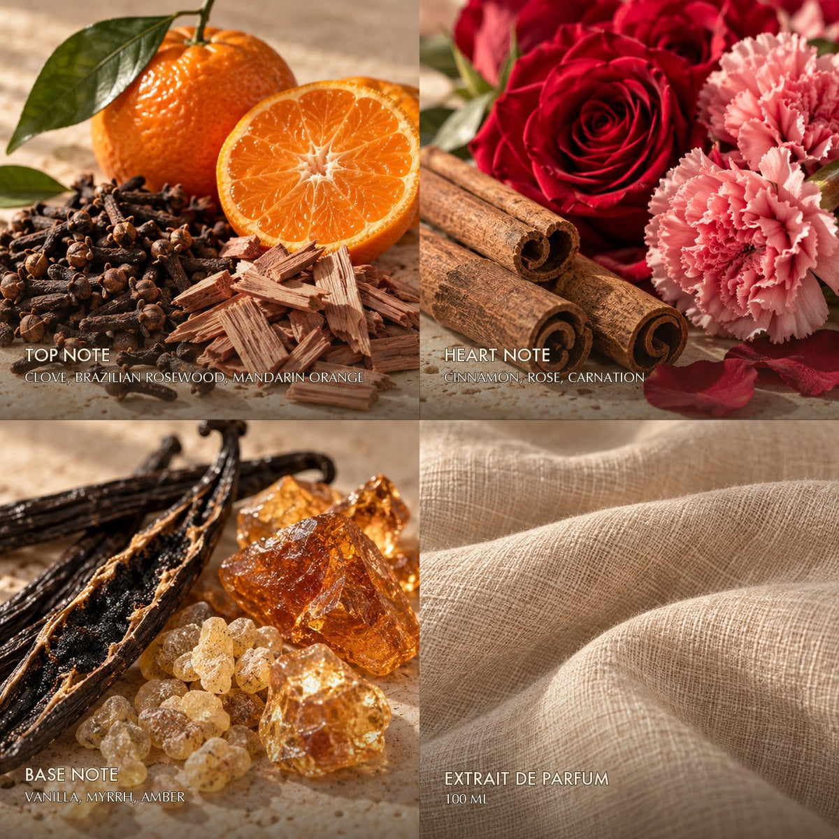 Fragrance notes for Anfar London Rouge Elixir: clove, brazilian rosewood, mandarin orange top, cinnamon, rose, carnation heart, vanilla, myrrh, amber base