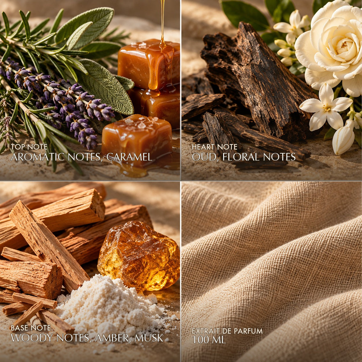 Fragrance notes for Anfar London Smoky Wood: aromatic notes, caramel top, oud, floral notes heart, woody notes, amber, musk base