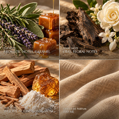 Fragrance notes for Anfar London Smoky Wood: aromatic notes, caramel top, oud, floral notes heart, woody notes, amber, musk base