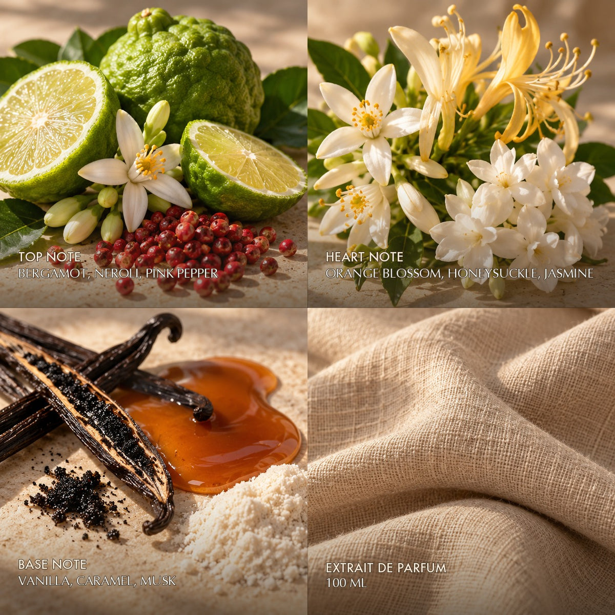 Fragrance notes for Anfar London The Jewel of Paradise: bergamot, neroli, pink pepper top, orange blossom, honeysuckle, jasmine heart, vanilla, caramel, musk base