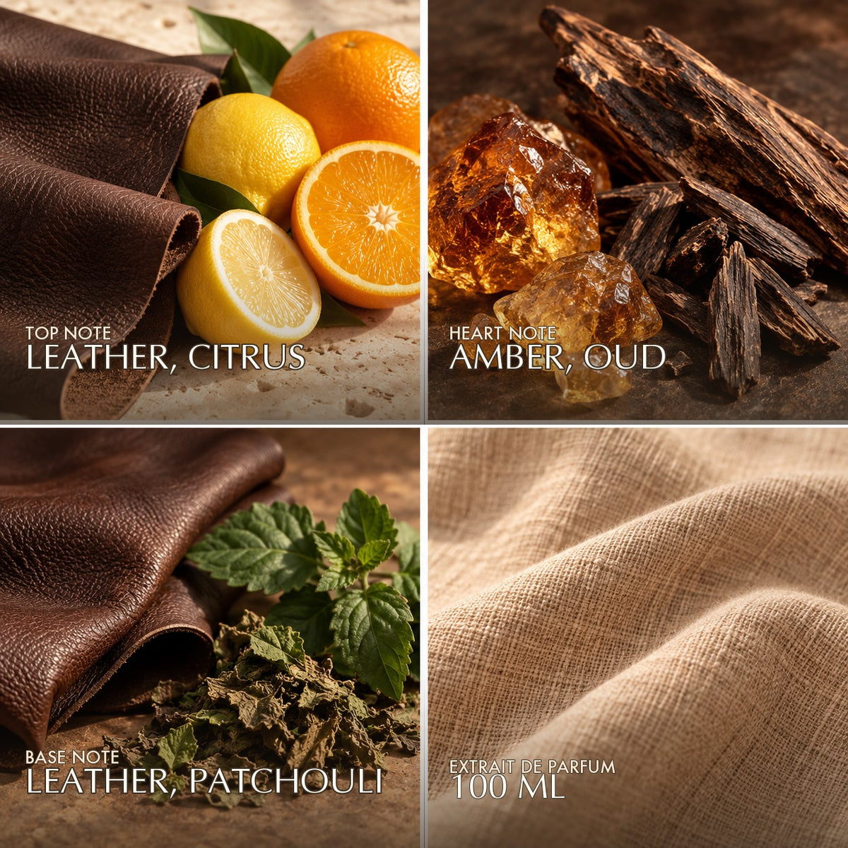 Fragrance notes for Anfar London The Masterpiece: leather, citrus top, amber, oud heart, leather, patchouli base