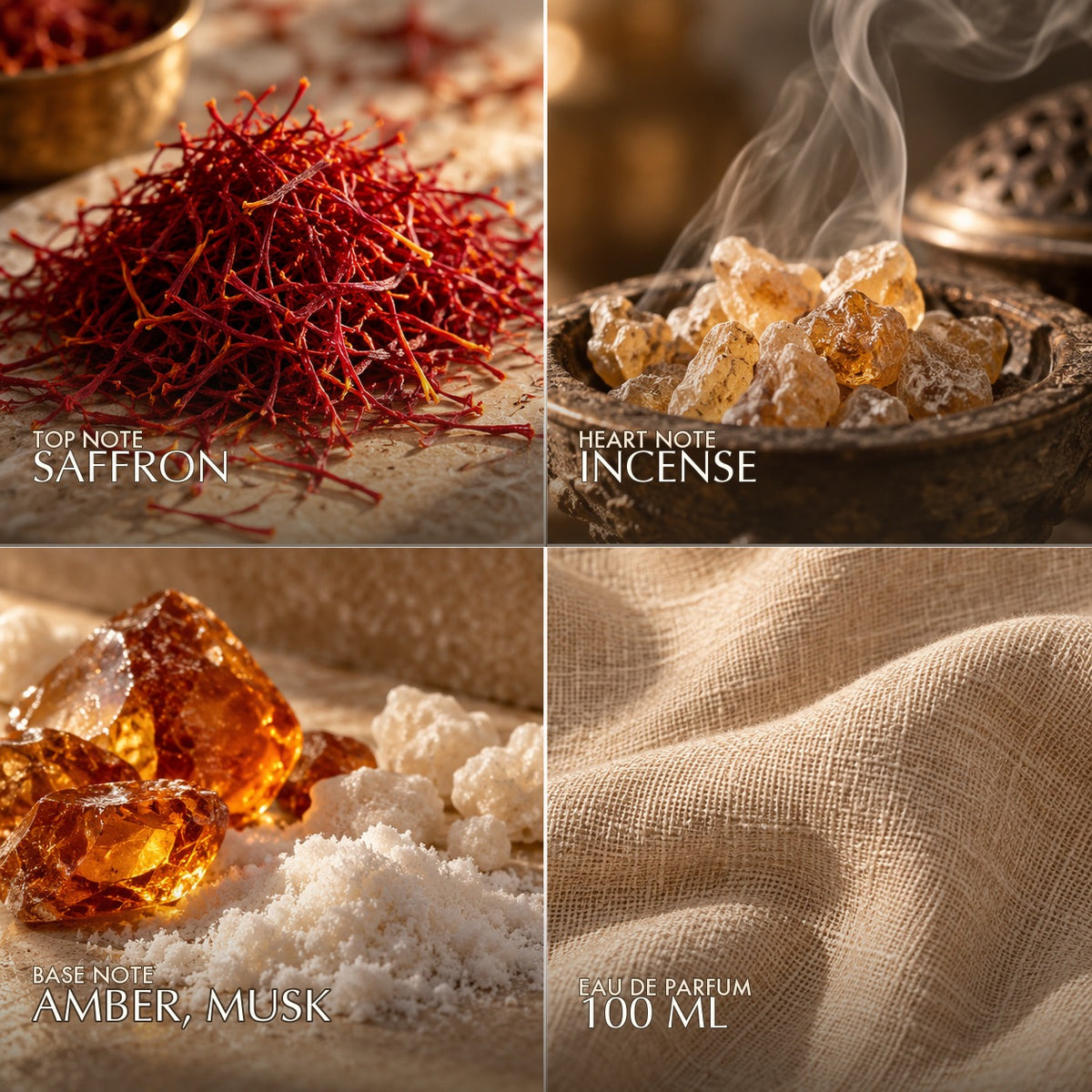 Fragrance notes for Azha Black Ruby: saffron top, incense heart, amber and musk base