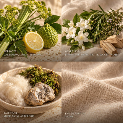 Fragrance notes for Azha Mountaineer: galbanum lemon and bergamot top, jasmine aromatic and woody heart, musk moss and ambergris base