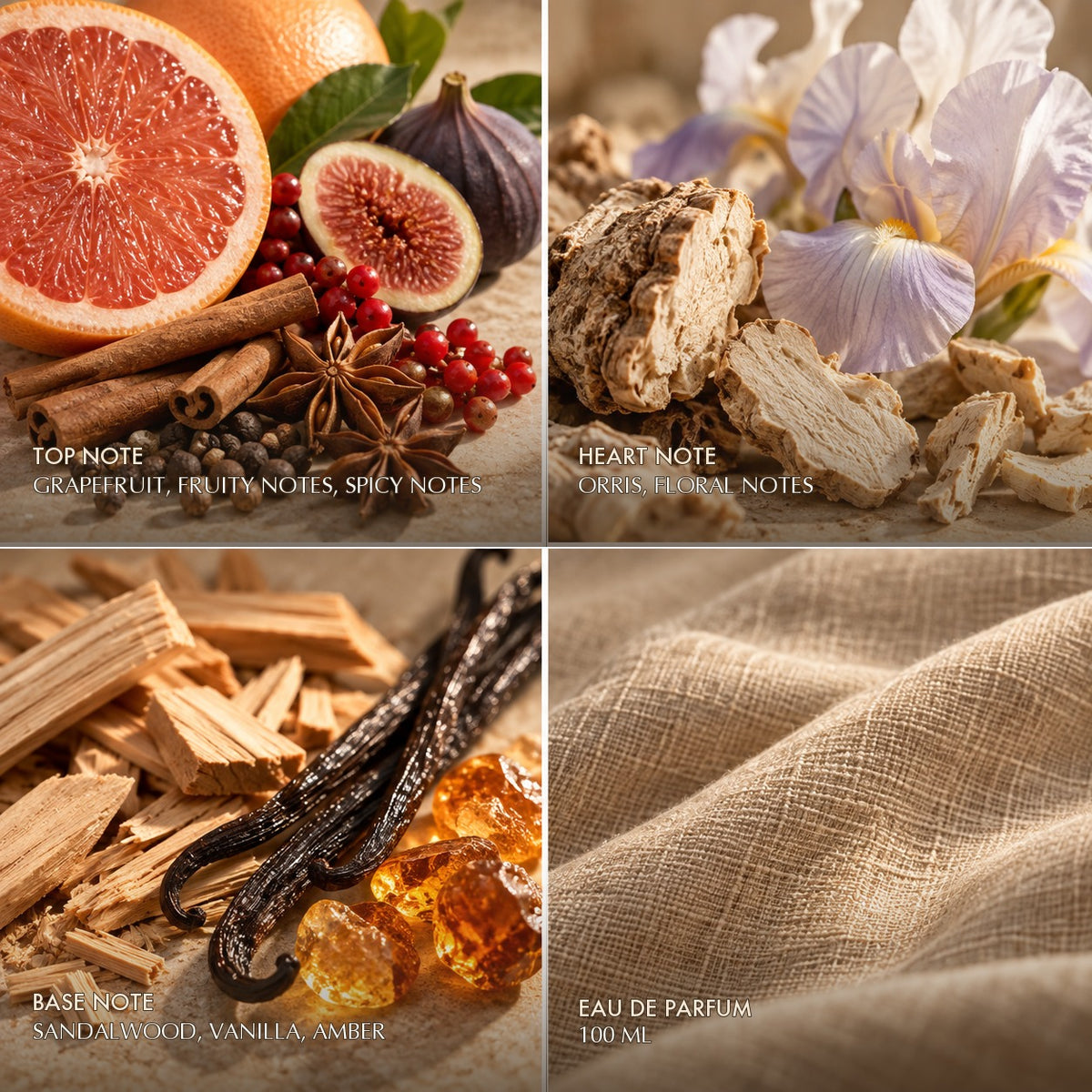 Fragrance notes for Azha Shah's Oud: grapefruit, fruity and spicy notes top, orris and floral heart, sandalwood, vanilla and amber base