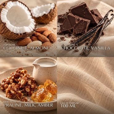 Fragrance notes for Azha Shining Layla: coconut and almond top, chocolate and vanilla heart, praline milk and amber base