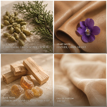 Azha Verte fragrance notes: cardamom and cypress, leather and violet, sandalwood and amber