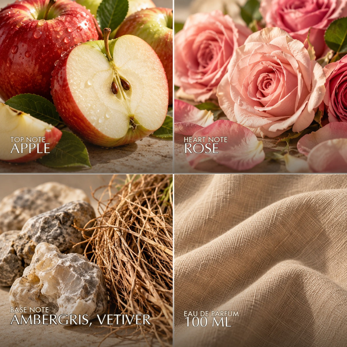 Fragrance notes for Azha Vetiver Pepper: apple top, rose heart, ambergris and vetiver base