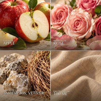 Fragrance notes for Azha Vetiver Pepper: apple top, rose heart, ambergris and vetiver base