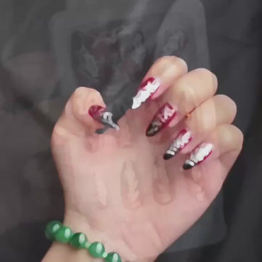 Halloween Spider Web Press-On Nails – Deep Red Almond, 24pcs · wear test