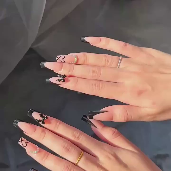 Black French Tip Press-On Nails – Bow & Heart, 24pcs · wear test