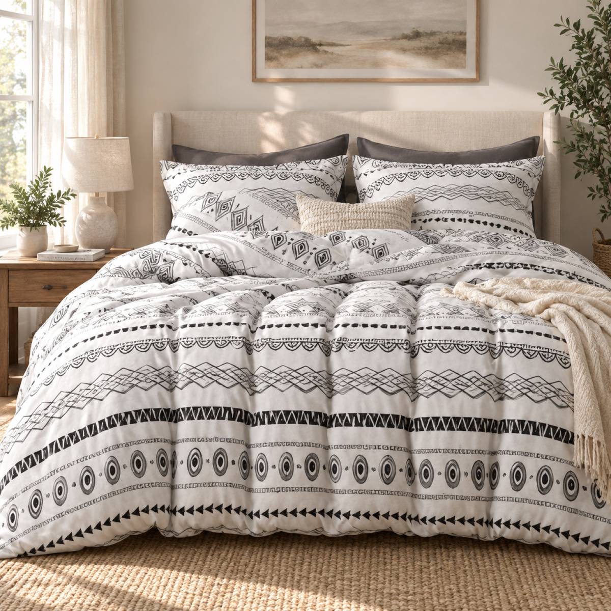 Boho Stripe Microfiber Duvet Cover Set, White & Black — scene