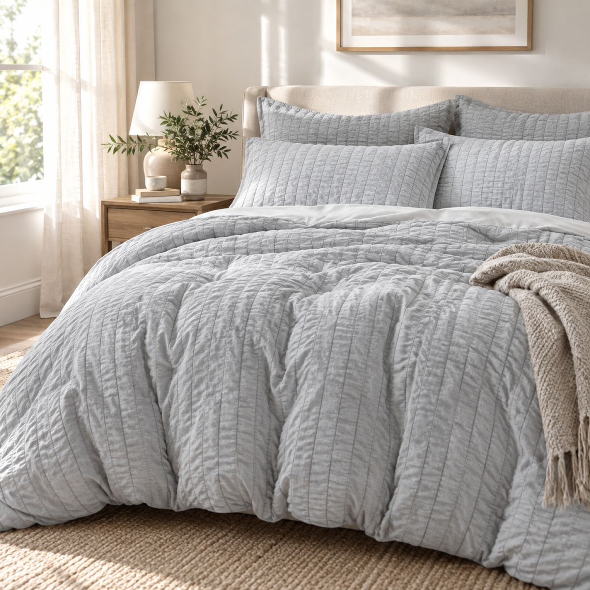 Seersucker Textured Duvet Cover Set, Light Grey — scene