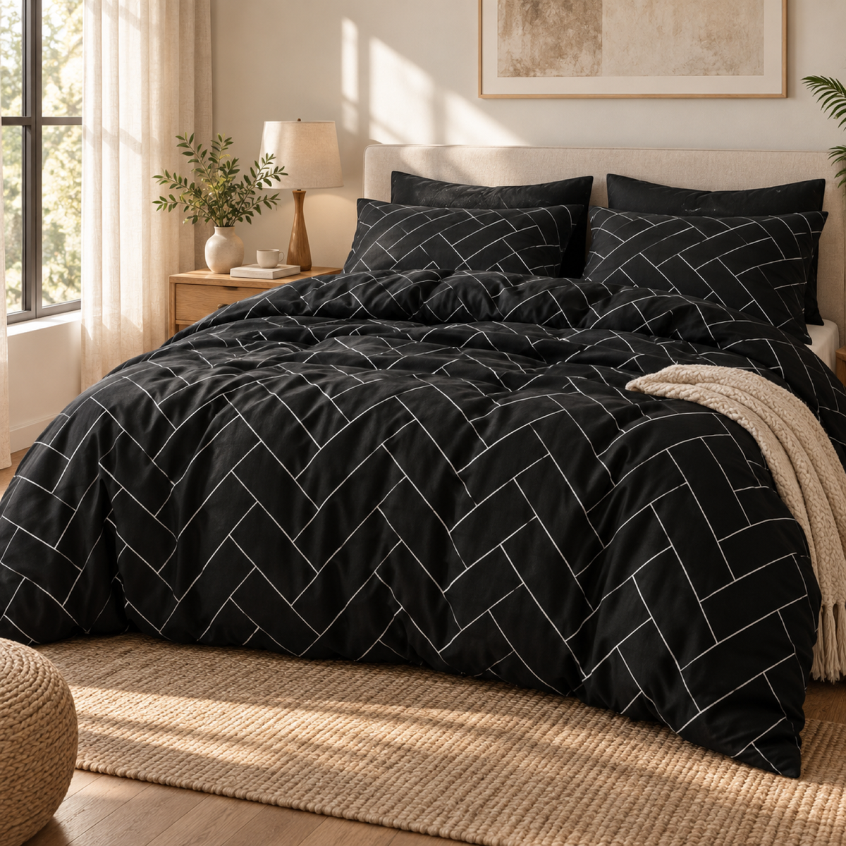 Herringbone Microfiber Duvet Cover Set, Black & White — scene