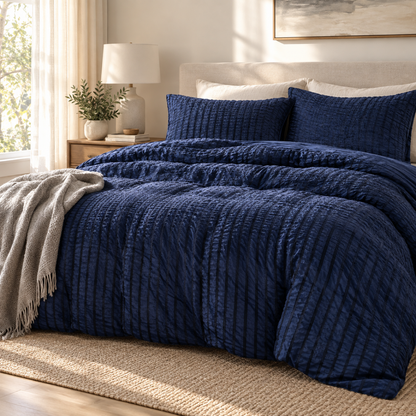 Seersucker Textured Duvet Cover Set, Navy Blue — scene