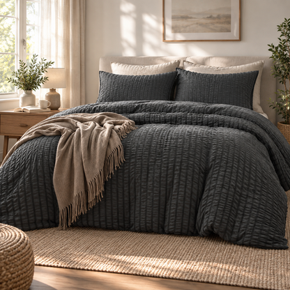 Seersucker Textured Duvet Cover Set, Dark Grey — scene