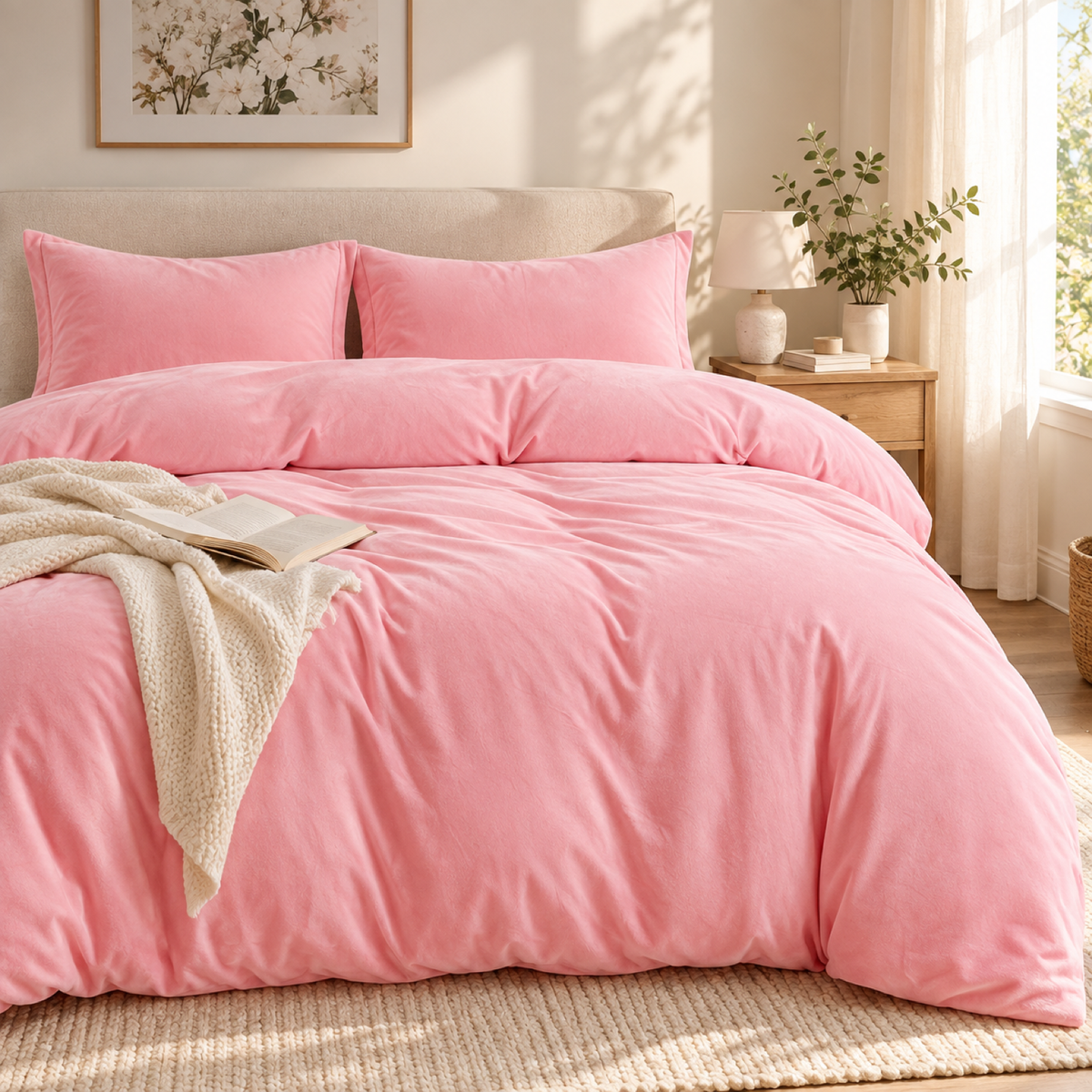 Velvet 3-Piece Duvet Cover Set, Pink — scene