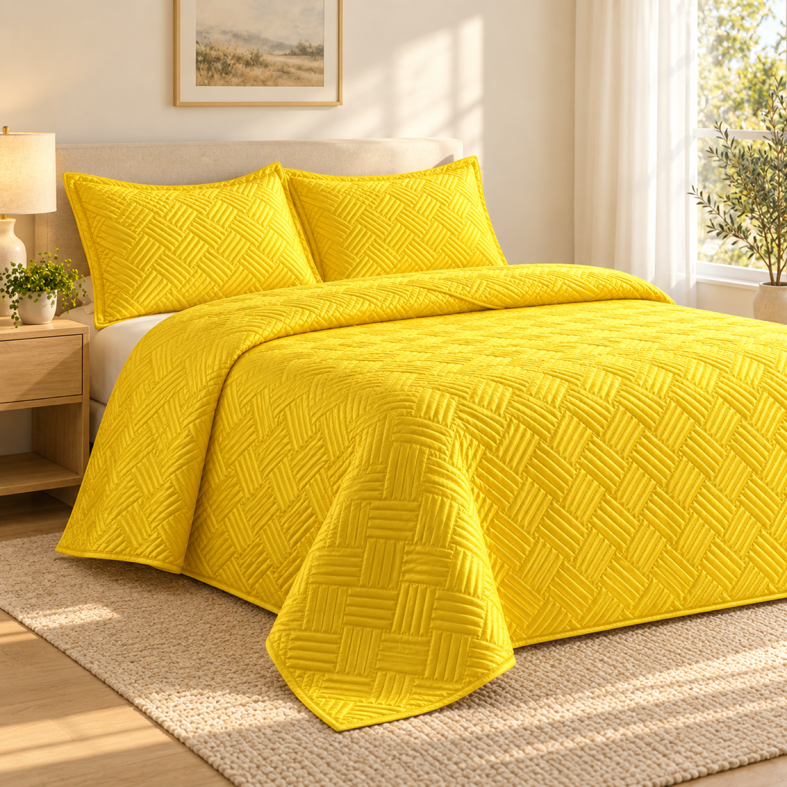 Geometric Satin Quilt Set, Lemon Yellow — scene