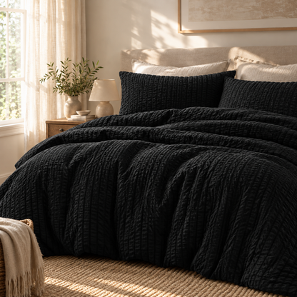 Seersucker Textured Duvet Cover Set, Black — scene