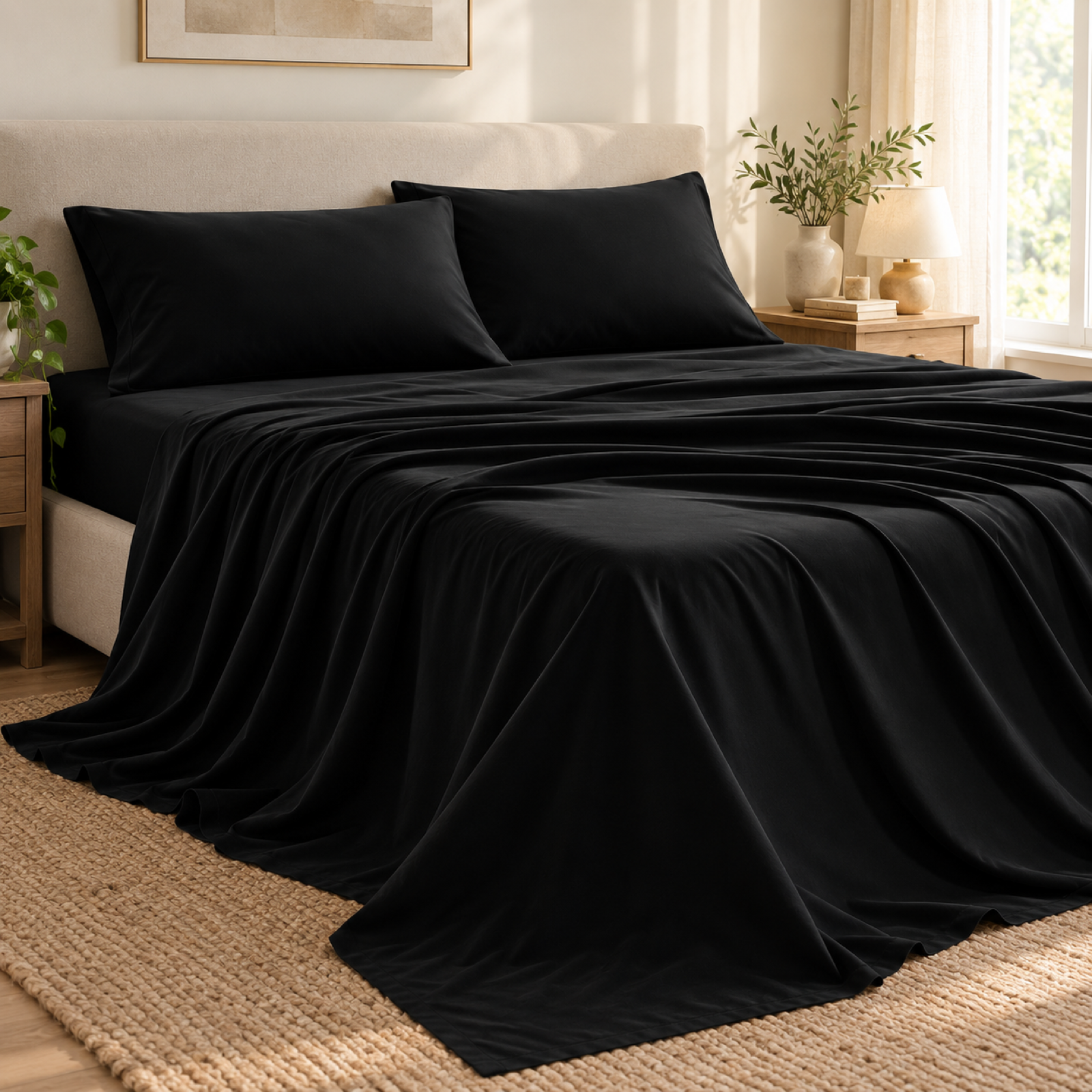 Embroidered Microfiber Sheet Set, Black — scene