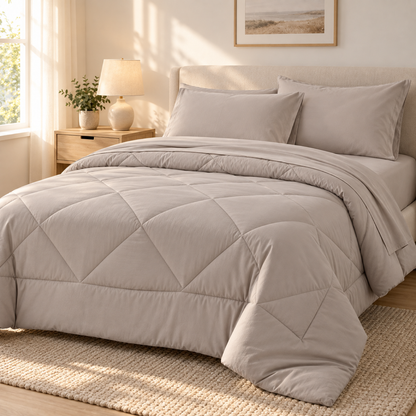 Microfiber Comforter Set with Sheets, Warm Greige — scene
