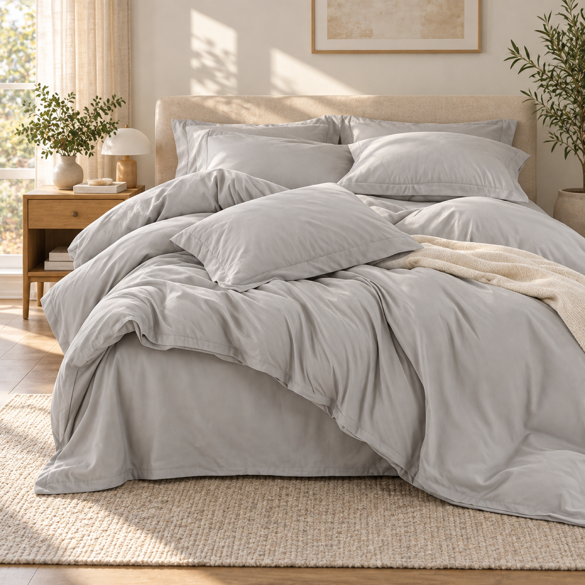Solid Microfiber Duvet Cover Set, Light Grey — scene