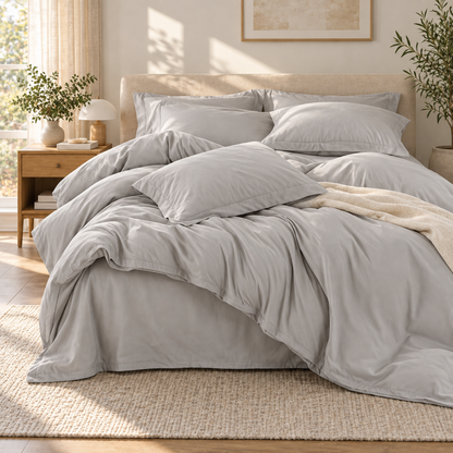Solid Microfiber Duvet Cover Set, Light Grey — scene