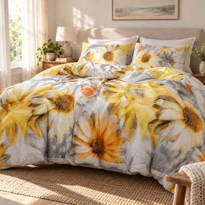 Watercolor Sunflower Microfiber Duvet Cover Set, Yellow — scene
