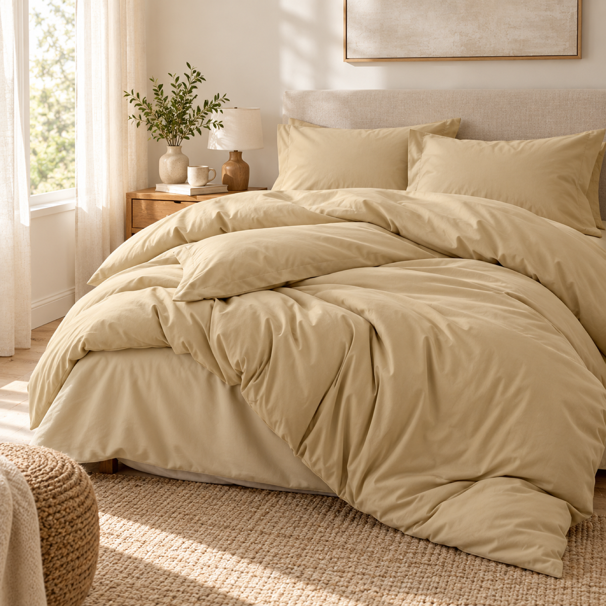 Solid Microfiber Duvet Cover Set, Khaki — scene