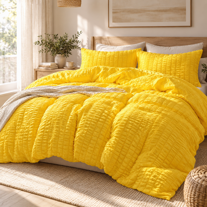 Seersucker Textured Duvet Cover Set, Yellow — scene
