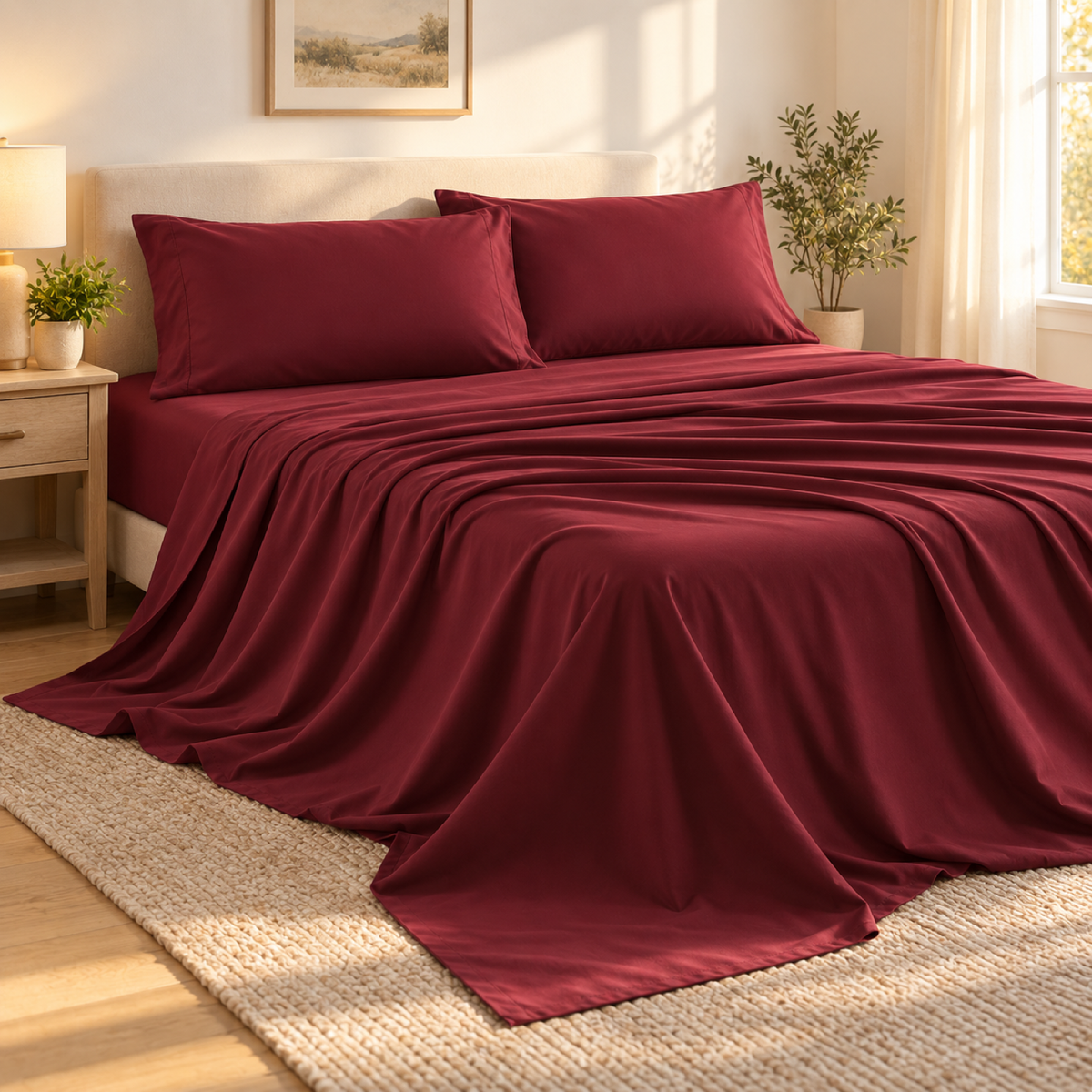 Soft-Touch Microfiber Sheet Set, Wine Red — scene