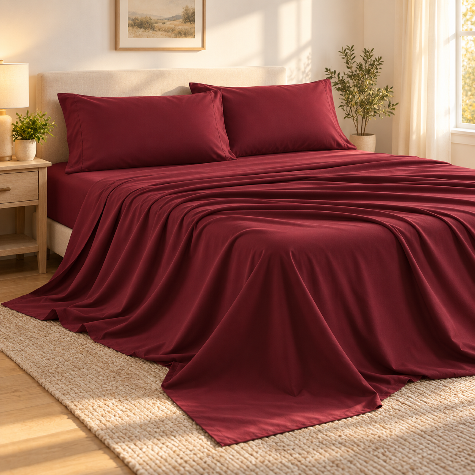 Soft-Touch Microfiber Sheet Set, Wine Red — scene