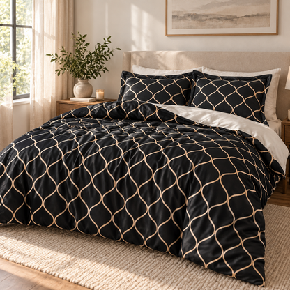Ogee Trellis Microfiber Duvet Cover Set, Black & Gold — scene