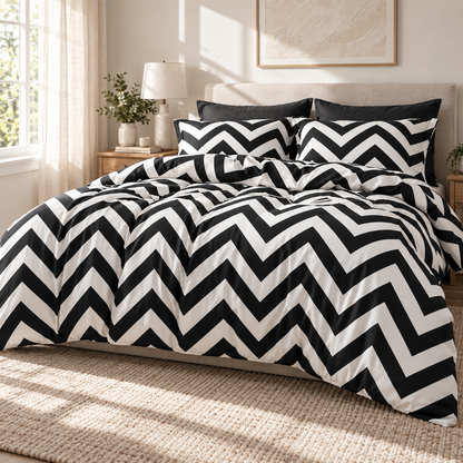Chevron Microfiber Duvet Cover Set, Black & White — scene