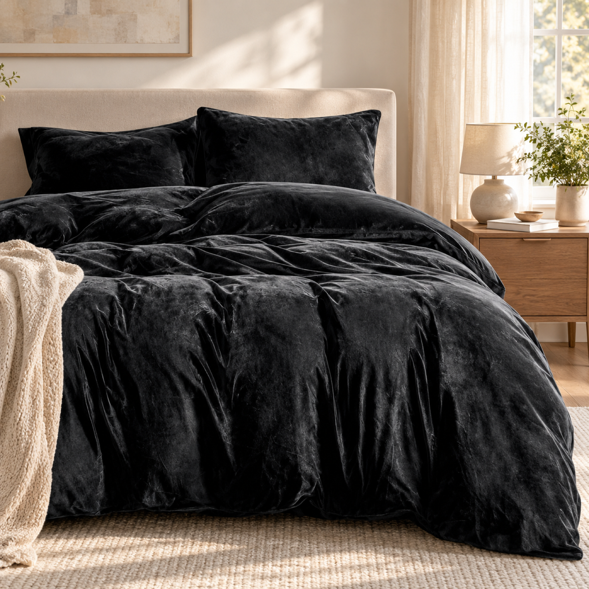Velvet 3-Piece Duvet Cover Set, Black — scene