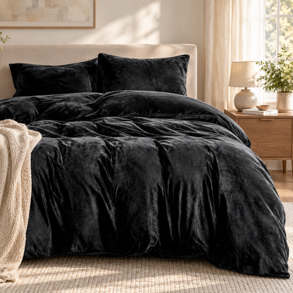 Velvet 3-Piece Duvet Cover Set, Black — scene