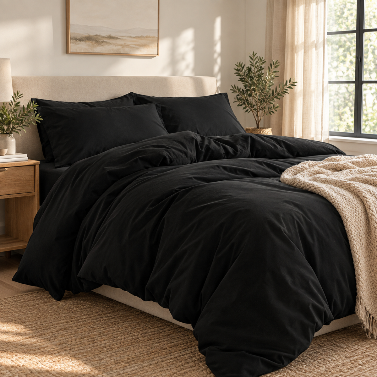 Solid Microfiber Duvet Cover Set, Black — scene